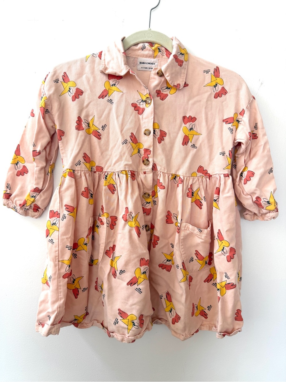 Bobo Choses Pink Shirt Dress with Yellow & Red Bird Print